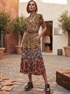 1990s Vintage La Cera mixed safari animal print Crinkle Cotton Midi Dress